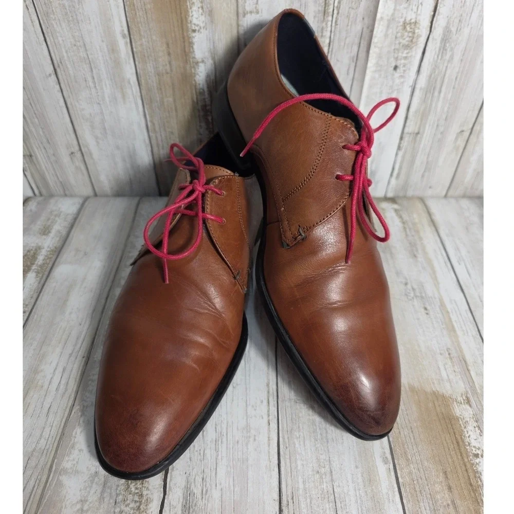 Ted Baker Sumpsa Tan Leather Derby Dress Shoes Red Laces Mens US 8 UK 7 EU 41